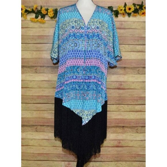 Liberty Love Blue Floral Cardigan Kimono Jacket Size L Long Fringe Festival Boho - Picture 3 of 14